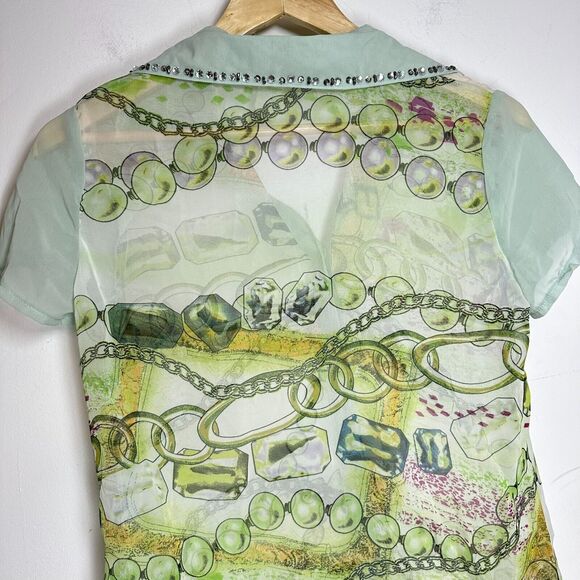 Vintage 90's Y2K Feline silk blend sheer button top green button up collar Small - Picture 11 of 13